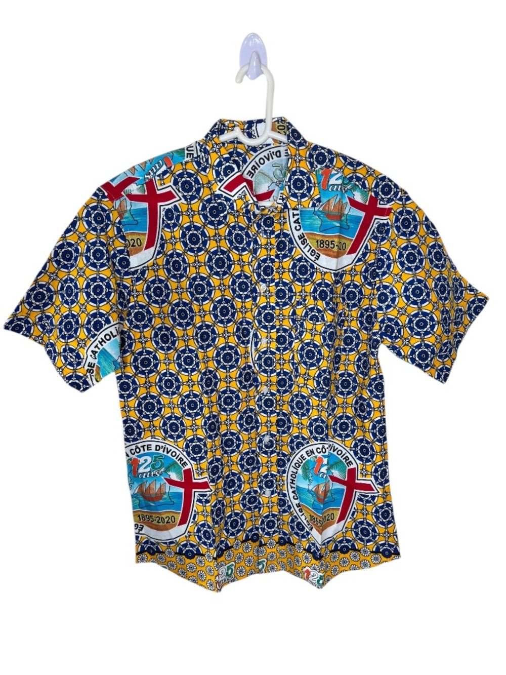Vintage Côte d'Ivoire Catholic Church 125 Years Wax Print Button-Up Shirt